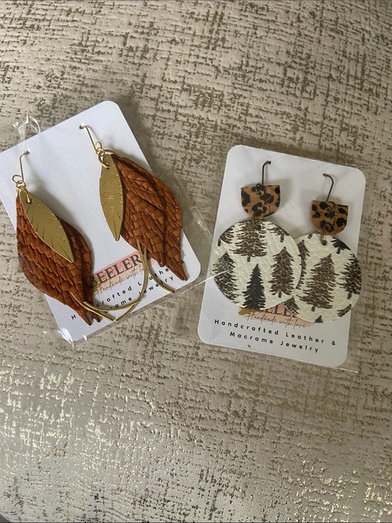Beelery Jewelry - Handcrafted Brown Leather Feather Drop Earrings & Leopard/Fall Season Earrings